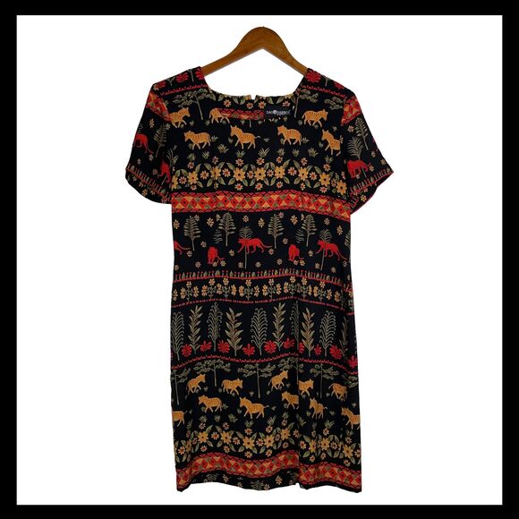 Vintage Sag Harbor Petite 10P Animal Print Black Shift Dress Tigers Lions Floral - Picture 1 of 12